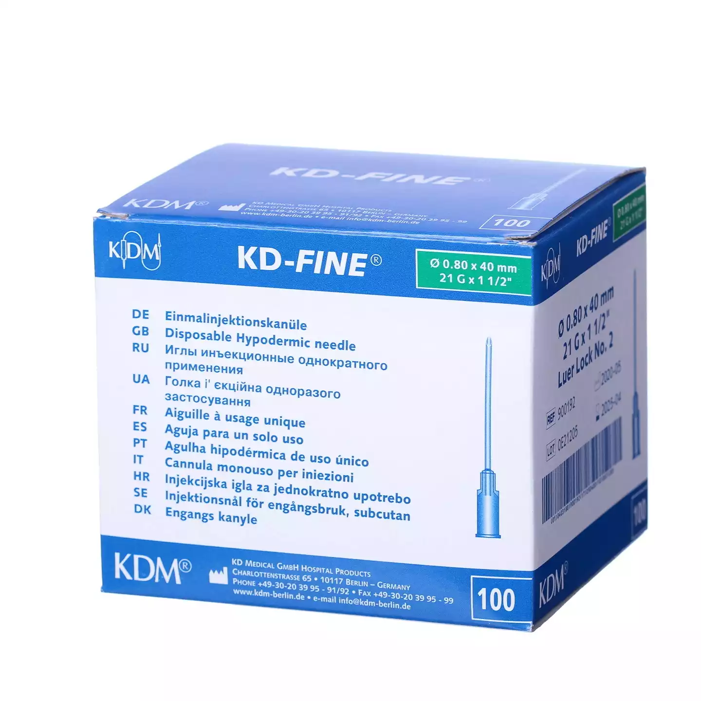 Игла инъекционная стерильная 21G (0,8*40мм) KD-Fine, подходит для соединений Luer Slip/Luer Lock, зеленая