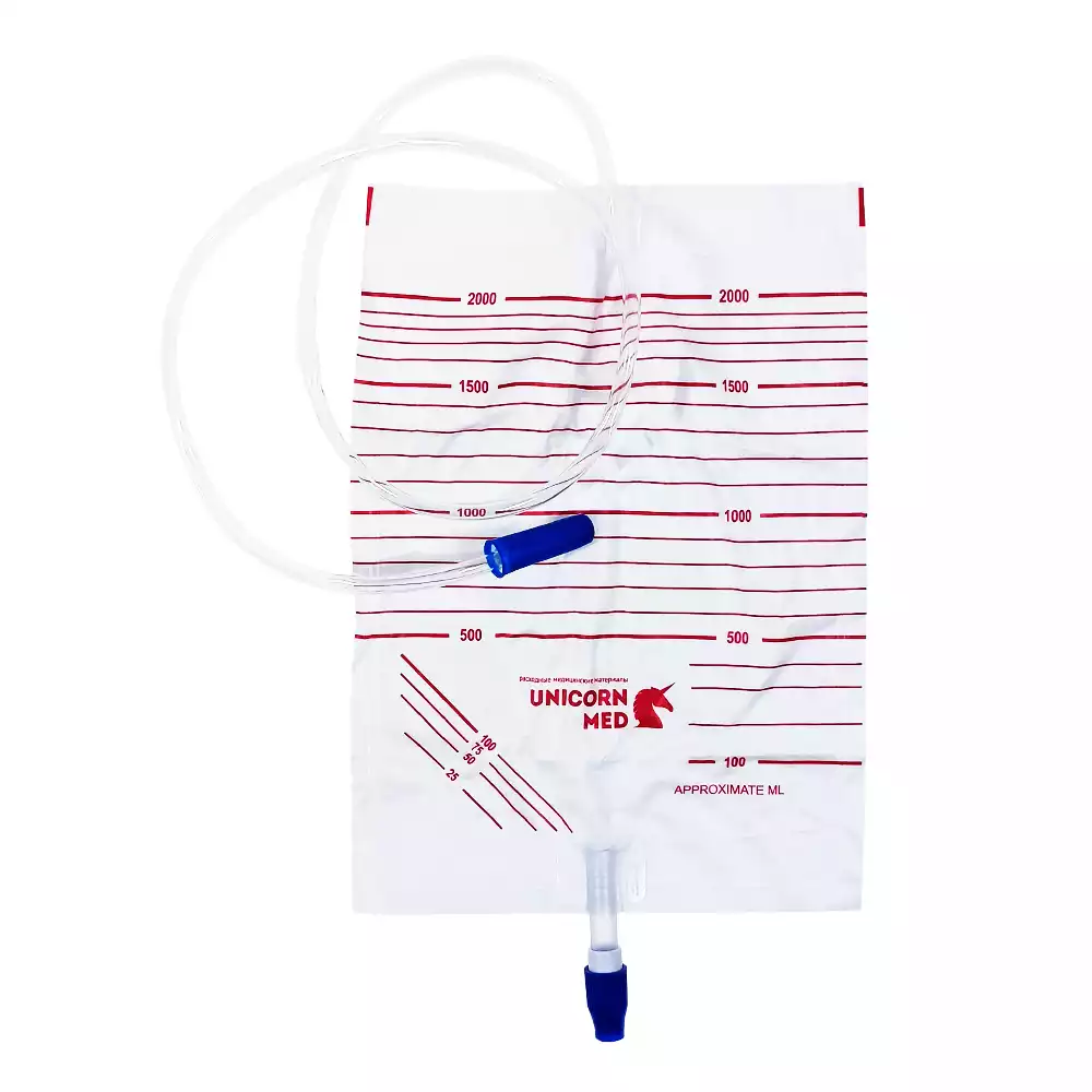 Мочеприемник прикроватный 2000мл, с прямым сливным краном, одноразовый, стерильный