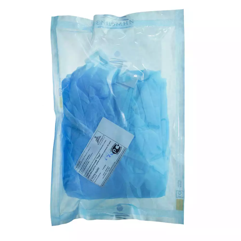 Халат хирургический ЕВРО, длина 140см, материал СМС 25г/м2, размер 52-54, рукав на резинке, стерильный