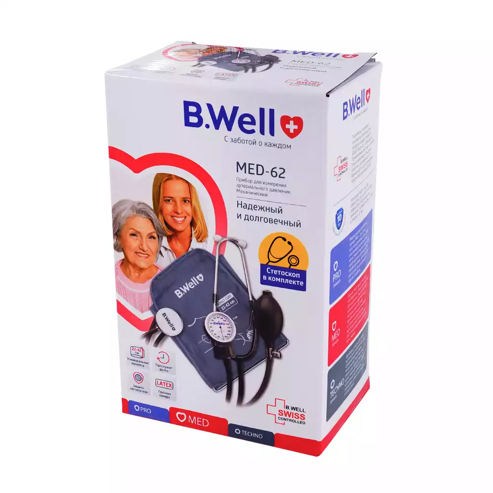 Тонометр B.Well MED-62 механический с профессиональной манжетой M-L 22-42cм (кольцо), со стетоскопом, с поверкой