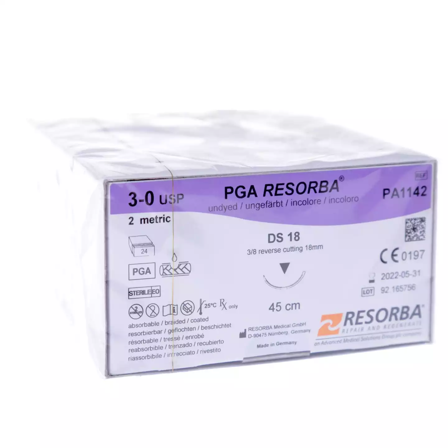 ПГА-РЕСОРБА (PGA) М2 (3/0), длина 45см, игла DS 18 режущая 3/8 круга, неокрашенный, упаковка 24шт, РА 1142