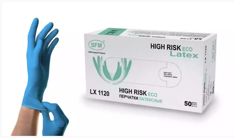 Перчатки SFM HIGH RISK ECO LATEX, размер M, текстурированные на пальцах, неопудренные, латексные, двойная хлоринация, нестерильные, упаковка 25 пар
